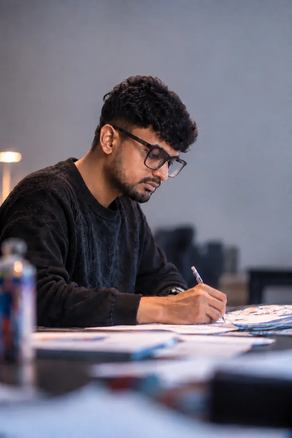 Sajith Kavishan sketching at his desk