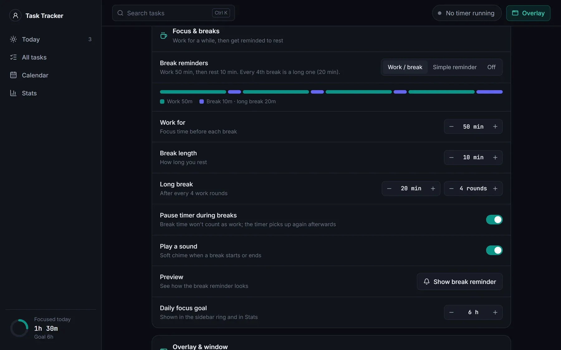 Settings for focus and breaks, with the break reminder card in the corner offering Start break, Snooze and Skip