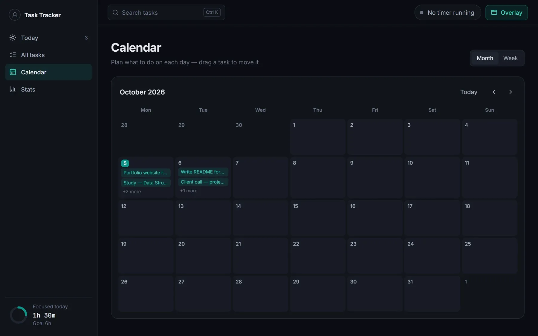 Calendar month view with tasks listed on their days
