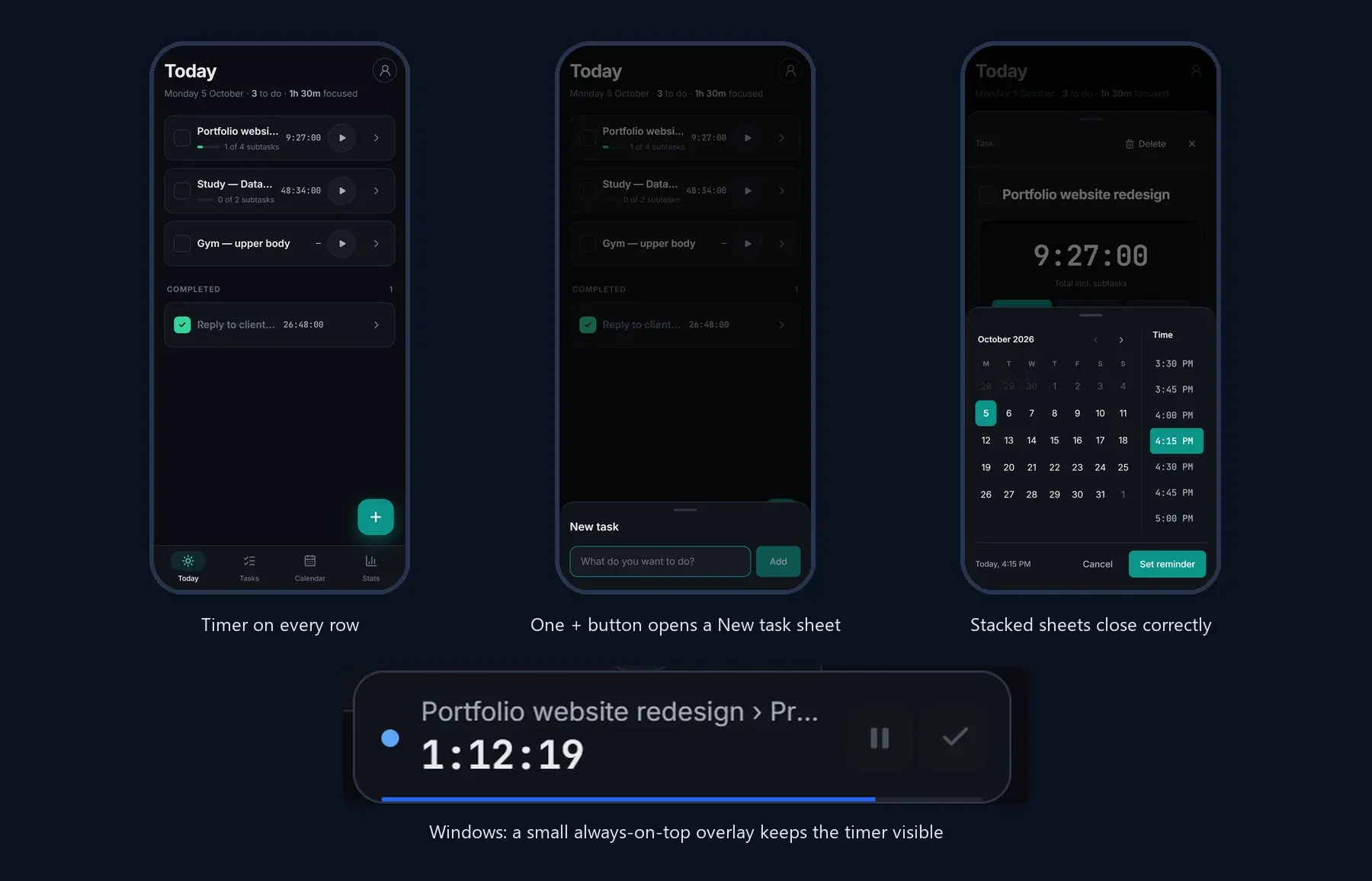 Phone screens showing a timer on every task row, the New task sheet opened by the plus button and a reminder picker stacked over a task sheet, with the Windows overlay below
