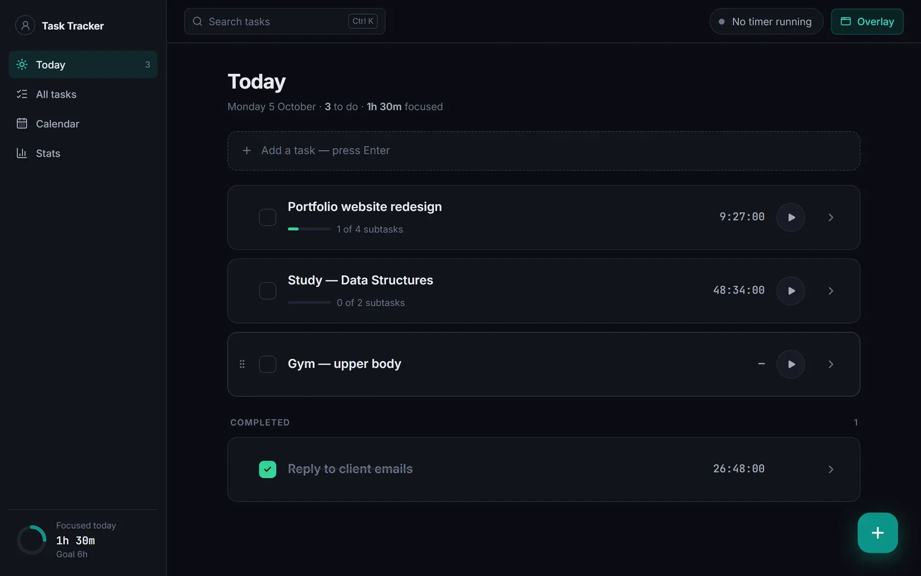 Task Tracker on Windows: a sidebar with Today, All tasks, Calendar and Stats beside a list of today’s tasks, each with a timer