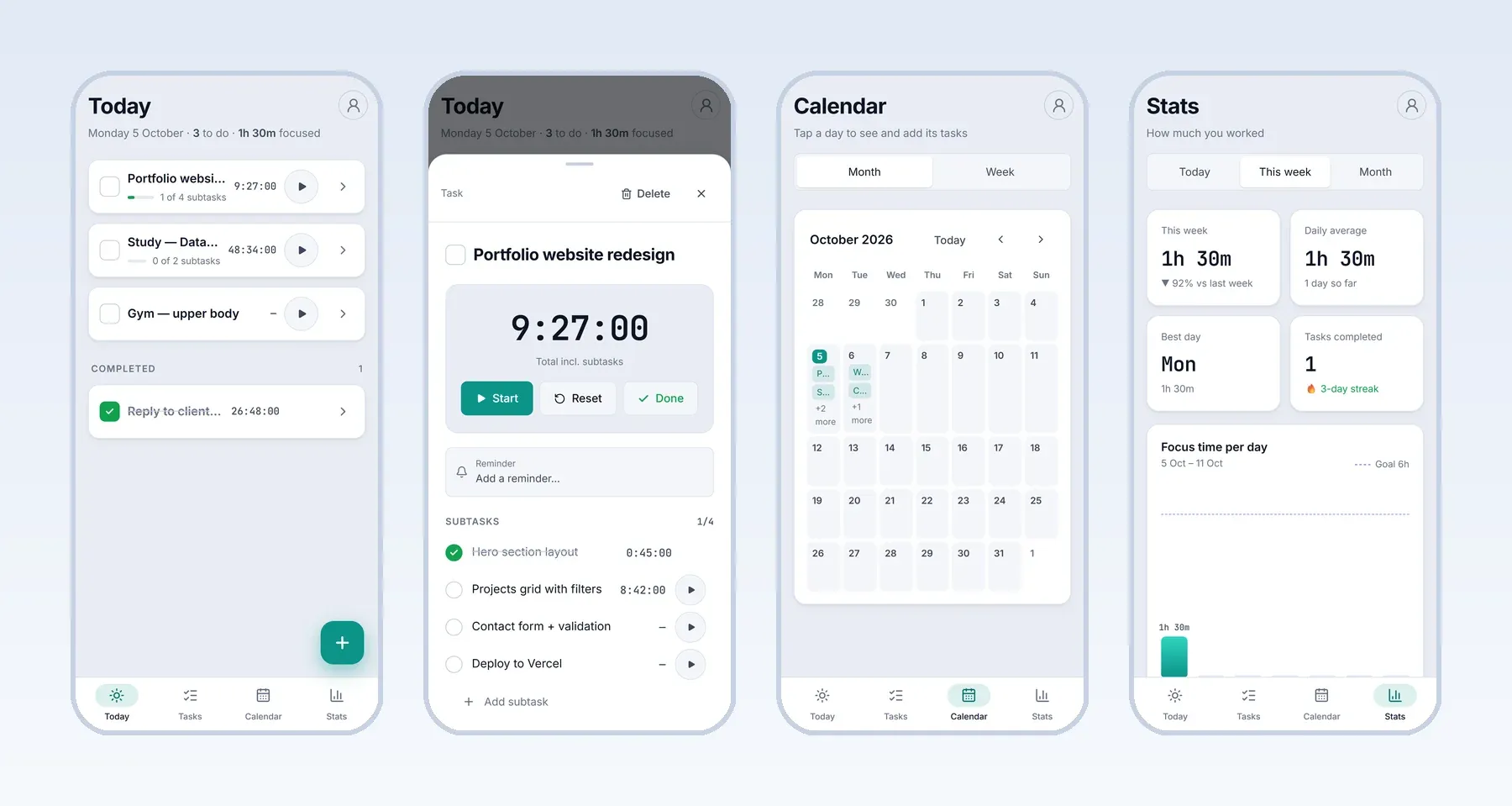 Task Tracker on Android in the light theme: Today, a task sheet, the month calendar and stats