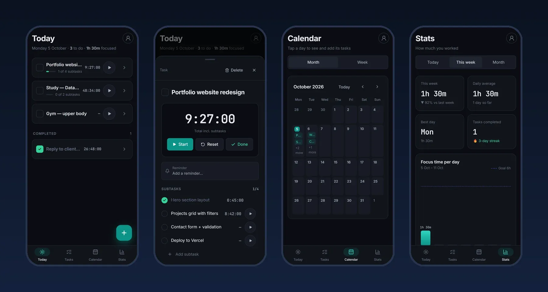 Task Tracker on Android in the dark theme: Today, a task sheet with timer and subtasks, the month calendar and stats