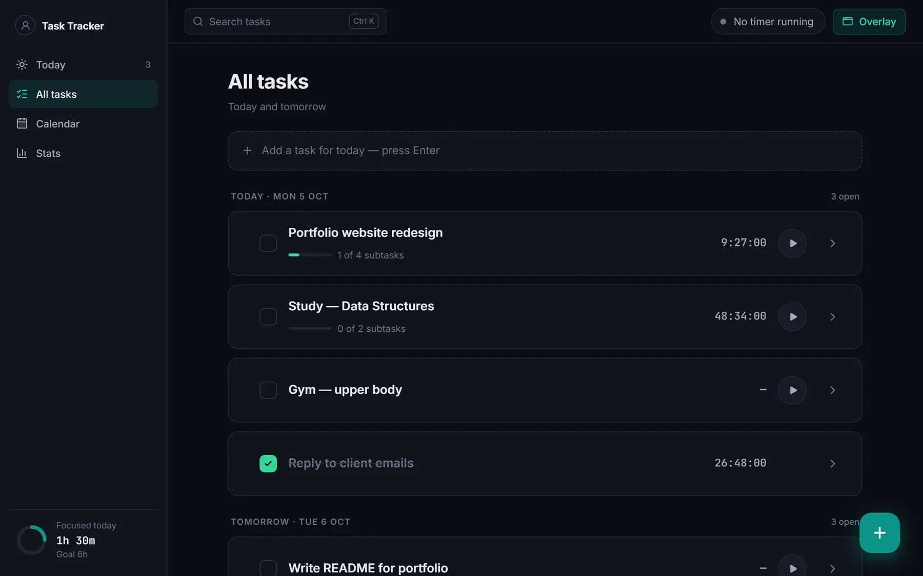 All tasks view grouped by day, with progress bars, running totals and a play button on every task