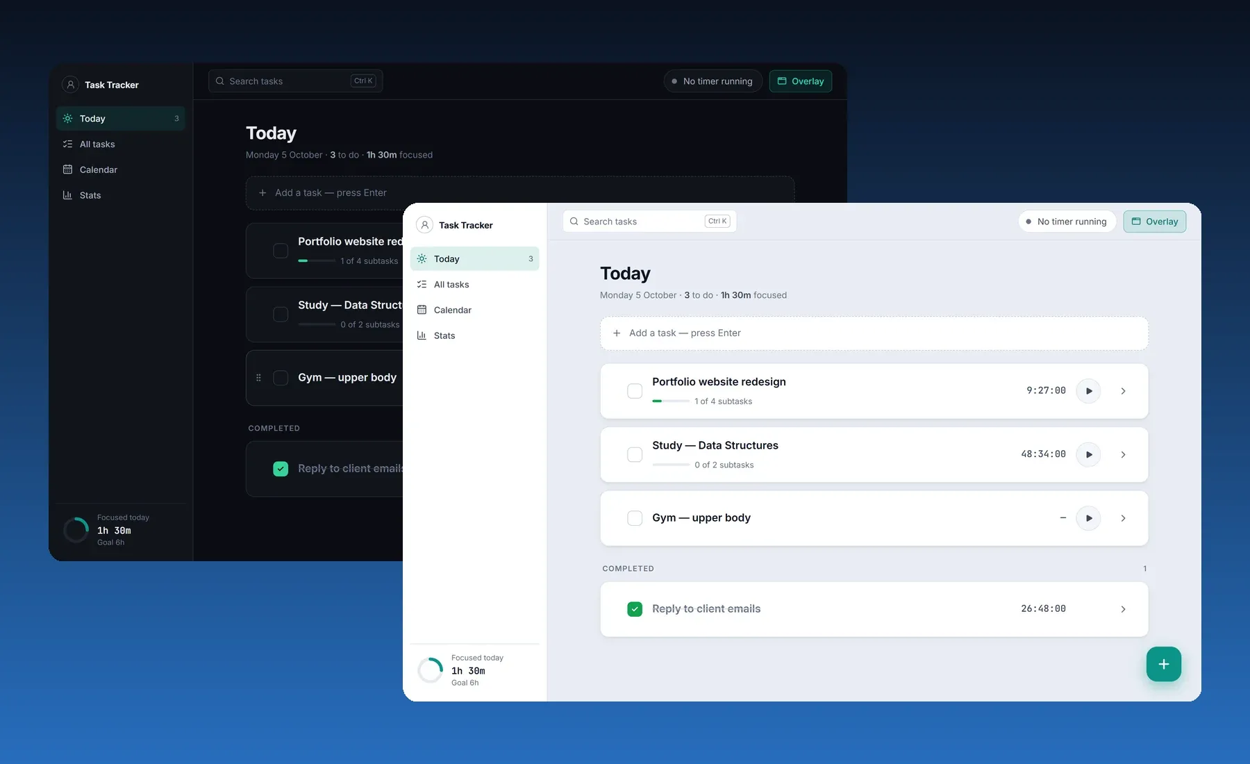 The same Today screen in the dark theme behind and the reworked light theme in front